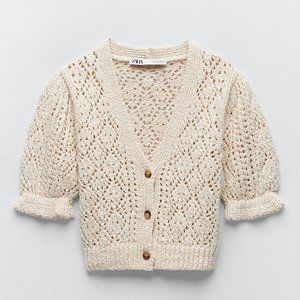 Zara Cream Cropped Knit Cardigan Sweater